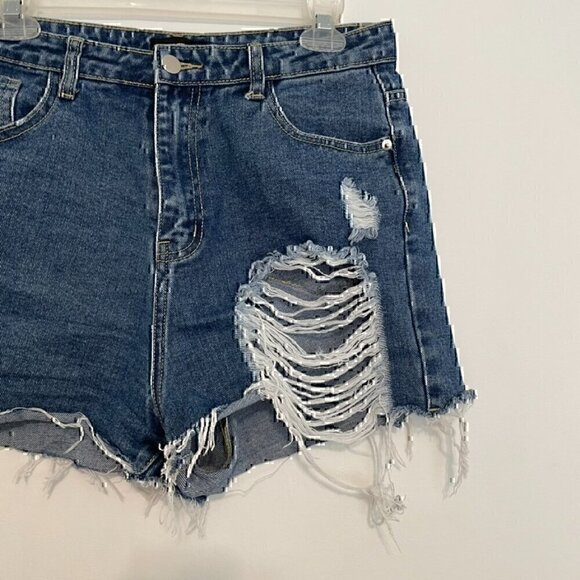 PRETTYLITTLETHING Dark Blue Wash Distressed Denim Mom Shorts Ripped High Waisted - Picture 7 of 15